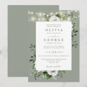 セージグリーンのラスティックなストリングライトの花の結婚式 招待状 (正面/裏面)