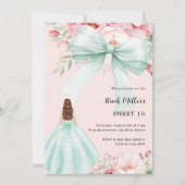 セージグリーンのリボンとピンクの花柄のドレス　スウィート16 招待状 (正面)