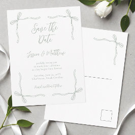 セージグリーンのリボンと誓いの結婚式　結婚予定日通知 ポストカード