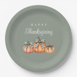 セージグリーンのリボンを飾ったカボチャ Happy Thanksgiving ペーパープレート