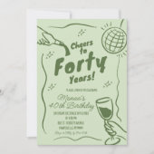 セージグリーンのレトロディスコで乾杯 40歳の誕生日 招待状 (正面)