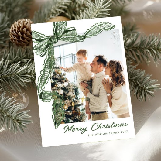 セージグリーンのレースのクリスマスリボン 2 枚の写真 シーズンカード