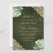 セージグリーンのローズ ゴールドレース QRコード ムスリムウェディング 招待状 (正面)
