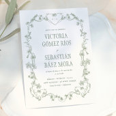 セージグリーンのヴィンテージ フラワー スペイン 結婚式 招待状
