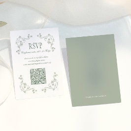 セージグリーンのヴィンテージ フラワー QR スペイン 結婚式 RSVP エンクロージャーカード