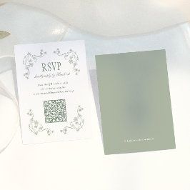 セージグリーンのヴィンテージ フラワーQRコード ウェディングRSVP エンクロージャーカード