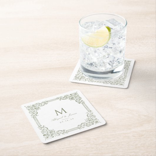 セージグリーンのヴィンテージ フレーム エレガント ウェディング モノグラム スクエアペーパーコースター (インサイチュ)
