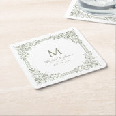 セージグリーンのヴィンテージ フレーム エレガント ウェディング モノグラム スクエアペーパーコースター (アングル)