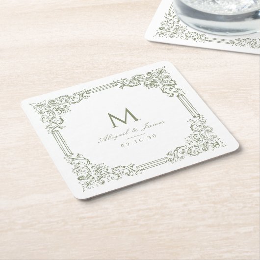 セージグリーンのヴィンテージ フレーム エレガント ウェディング モノグラム スクエアペーパーコースター (アングル)