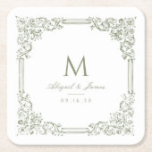 セージグリーンのヴィンテージ フレーム エレガント ウェディング モノグラム スクエアペーパーコースター (正面)