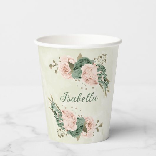 セージグリーンの優しい頬染めのような花飾り 紙コップ (裏面)