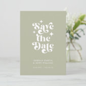セージグリーンの写真付き結婚式「Save The Date」カード 案内状 (スタンド正面)