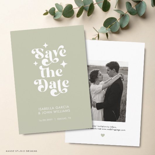 セージグリーンの写真付き結婚式「Save The Date」カード 案内状