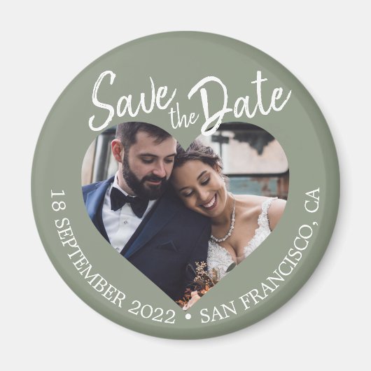 セージグリーンの写真 現代のスクリプトで「Save the Date」 マグネット (正面)