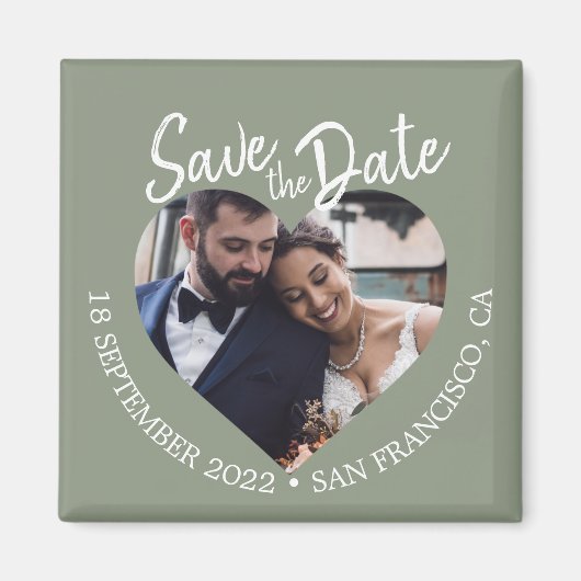 セージグリーンの写真 現代のスクリプトで「Save the Date」 マグネット (正面)