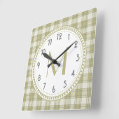 セージグリーンの国の格子縞パターンモノグラム スクエア壁時計 (傾斜)