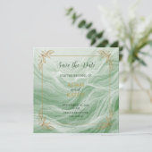セージグリーンの大理石とゴールドの「結婚式の日程を知らせるカード」 セーブザデート (スタンド正面)