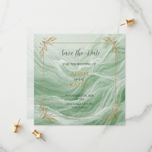 セージグリーンの大理石とゴールドの「結婚式の日程を知らせるカード」 セーブザデート (正面/裏面インサイチュ)