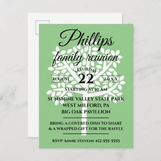 セージグリーンの家族会の白い木のシルエット インビテーションポストカード (正面/裏面)