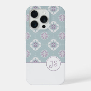 セージグリーンの対称的なピンクの花のタイル模様 iPhone 15 PROケース