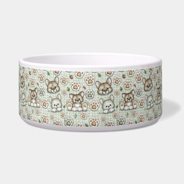 セージグリーンの市松模様の子猫の足あとプリントの陶器製ペット食器 ボウル (正面)