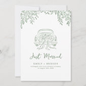 セージグリーンの手描きJust Marriedカー ウイットに満ちた 招待状 (正面)