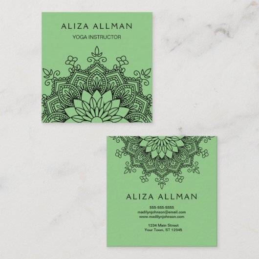 セージグリーンの曼荼羅のヨガのインストラクター スクエア名刺 (正面/裏面)