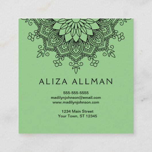 セージグリーンの曼荼羅のヨガのインストラクター スクエア名刺 (裏面)