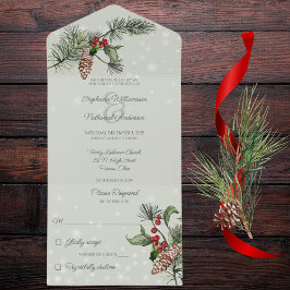 セージグリーンの松とホリーデイの雪景色 オールインワン招待状