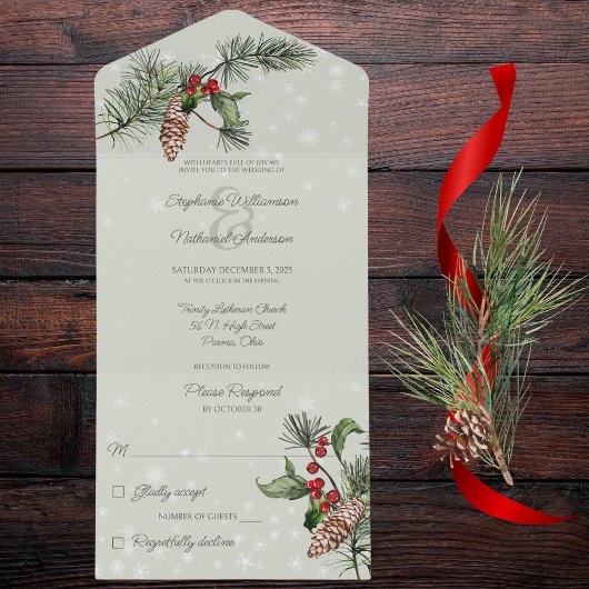 セージグリーンの松とホリーデイの雪景色 オールインワン招待状