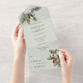 セージグリーンの松とホリーデイの雪景色 オールインワン招待状 (貼ってはがせる)