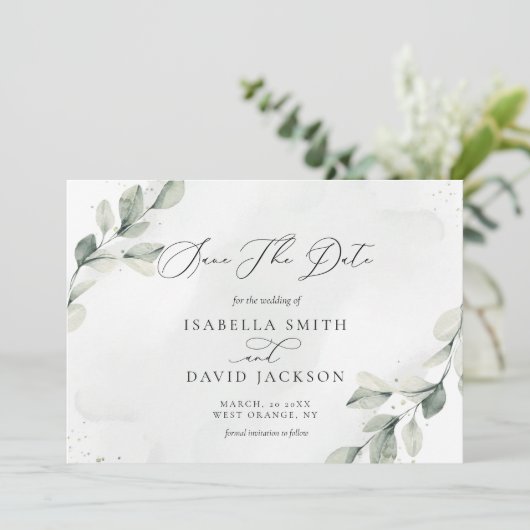 セージグリーンの植物が描かれた、素朴なユーカリの納屋 セーブザデート (スタンド正面)