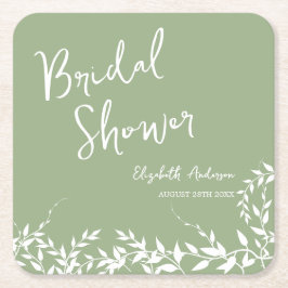 セージグリーンの植物の葉を使ったブライズシャワー スクエアペーパーコースター
