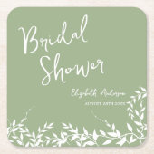 セージグリーンの植物の葉を使ったブライダルシャワー スクエアペーパーコースター (正面)