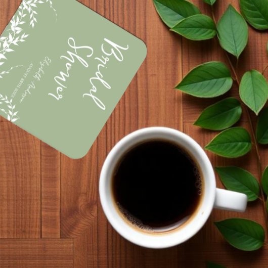 セージグリーンの植物の葉を使ったブライダルシャワー スクエアペーパーコースター