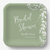 セージグリーンの植物の葉を使ったブライダルシャワー ペーパープレート (正面)