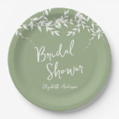 セージグリーンの植物の葉を使ったブライダルシャワー ペーパープレート (正面)