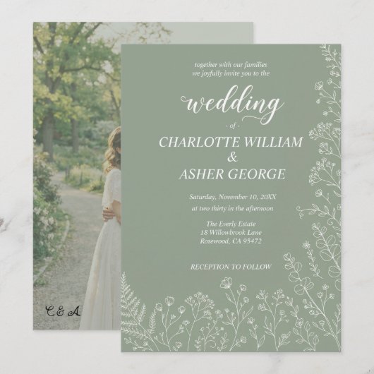 セージグリーンの植物写真の結婚式招待状 招待状 (正面/裏面)