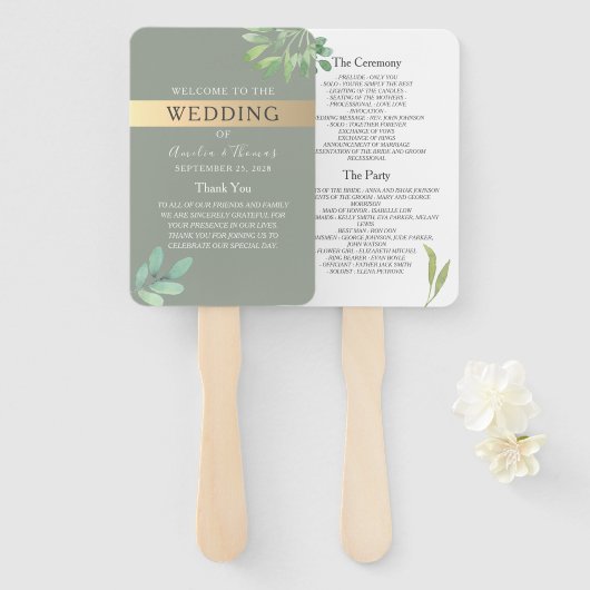 セージグリーンの植物婚礼プログラム扇風機 ハンドファン (正面&裏面)