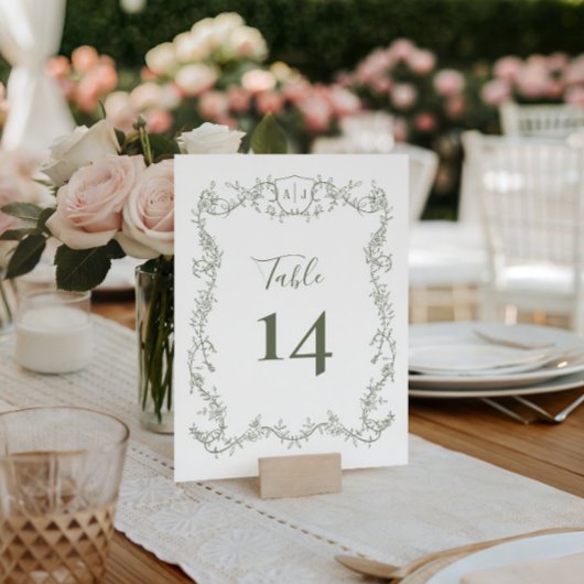 セージグリーンの植物学的な結婚式のつる性ローズガーデン テーブルナンバー