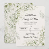 セージグリーンの植物学的な花柄の結婚式招待状 招待状 (正面/裏面)
