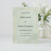 セージグリーンの植物性Save the Dateカード セーブザデート (スタンド正面)