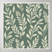 セージグリーンの植物葉パターン ウォールアート (正面)