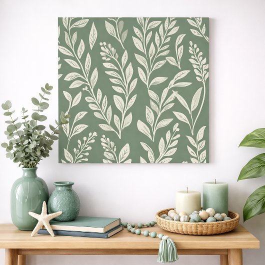 セージグリーンの植物葉パターン ウォールアート