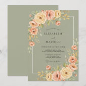セージグリーンの気品ある花のウェディング 招待状 (正面/裏面)