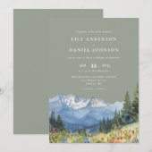 セージグリーンの水彩山のワイルドフラワーウェディング 招待状 (正面/裏面)
