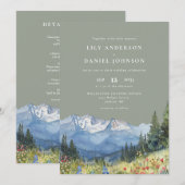 セージグリーンの水彩山の野生の花の結婚式 招待状 (正面/裏面)