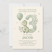 セージグリーンの水彩恐竜 ３歳の誕生日 招待状 (正面)