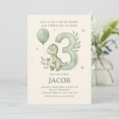 セージグリーンの水彩恐竜 ３歳の誕生日 招待状 (スタンド正面)