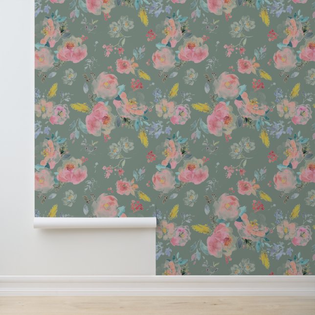 セージグリーンの牡丹の花の水彩ボタニカルアート 壁紙 (アプリケーション)